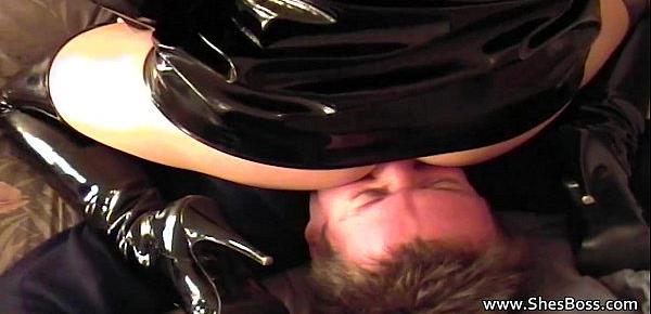  PVC clad dommes punish a guy